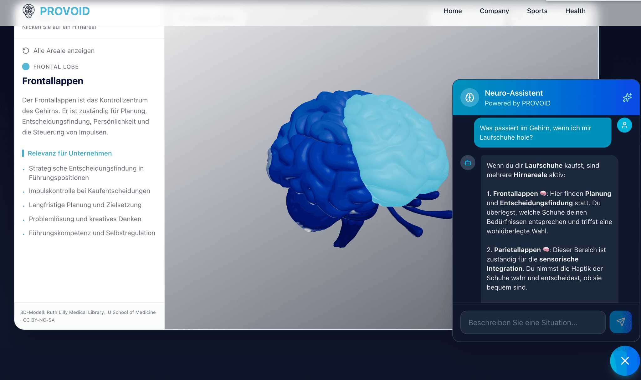 Neuro-Atlas mit KI-Assistent - 3D-Gehirnmodell mit Chat-Interface